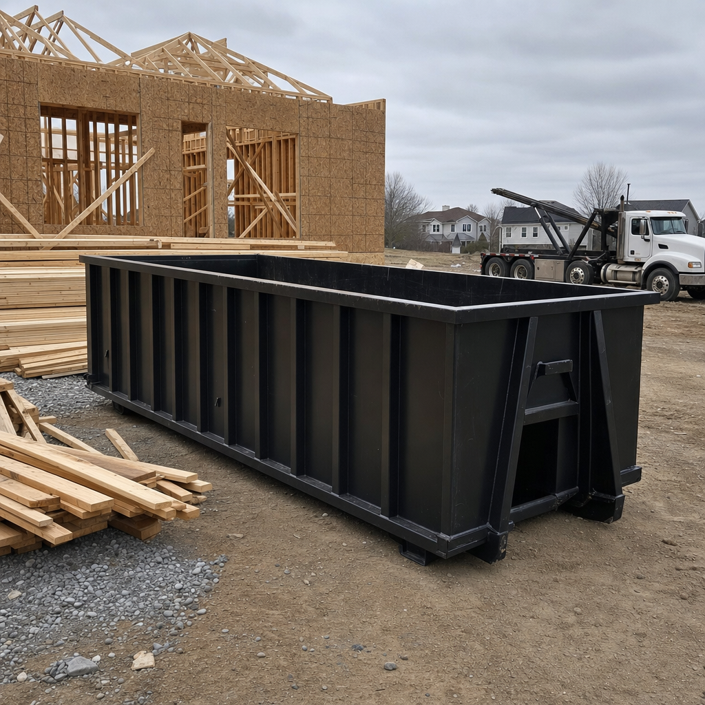 Matte-black 40-yard roll-off dumpster staged on a framed-out residential construction site in Brockton, framing lumber stacked nearby, hooklift delivery truck visible in the background under bright Colorado daylight