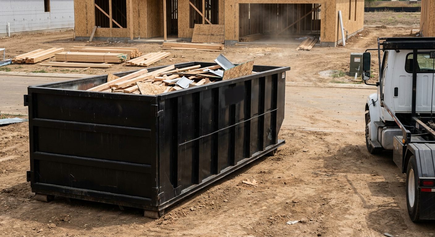 Matte-black 20-yard roll-off construction dumpster with heavy ribbed steel sidewalls and swing rear doors at a working jobsite in Brockton, sitting directly on compacted dirt with an unmarked white hauler partially visible at the far edge of the frame.