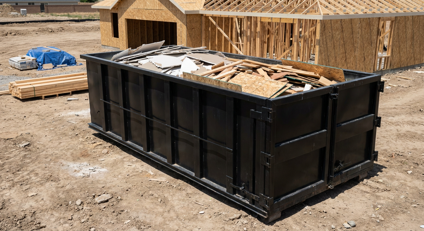 Matte-black 30-yard roll-off construction dumpster sitting directly on the compacted-dirt site of a framed single-family home build in Brockton, drywall and lumber scrap loaded inside.
