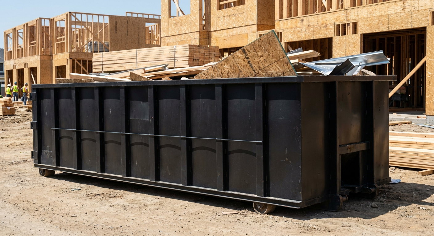 Matte-black 40-yard roll-off construction dumpster being lowered from a white-cab hooklift delivery truck onto the compacted-dirt jobsite at a commercial build site in Brockton