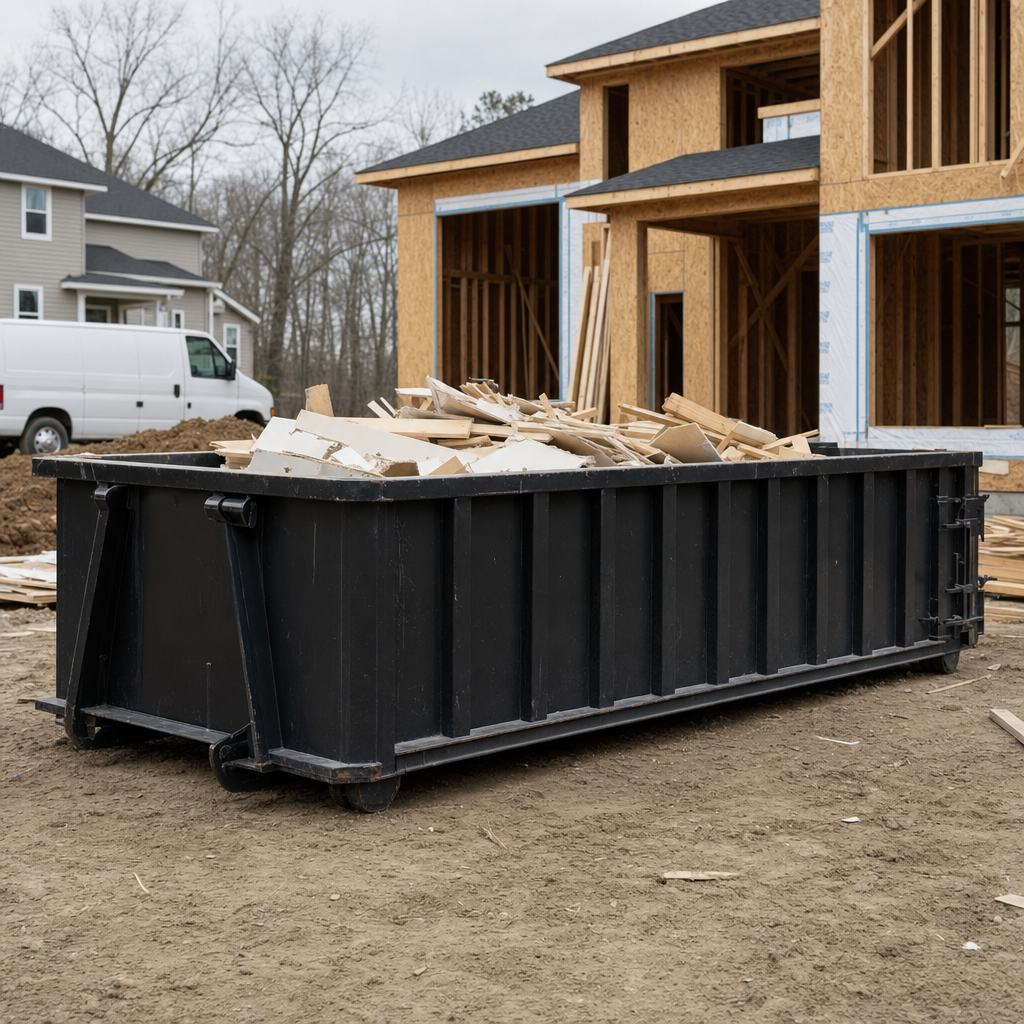 Worker in a yellow high-visibility vest tossing framing lumber and broken drywall into a matte-black 30-yard construction roll-off dumpster on an active build site in Brockton, bright daylight