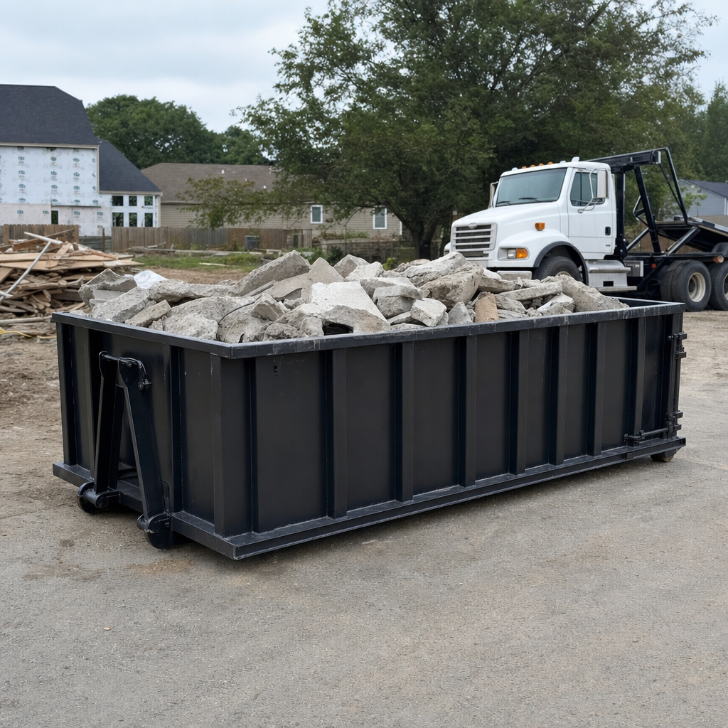 Low-profile matte-black lowboy roll-off dumpster loaded with broken concrete slab and rebar at a foundation tear-out in Brockton, skid steer parked beside it, sunny Colorado morning