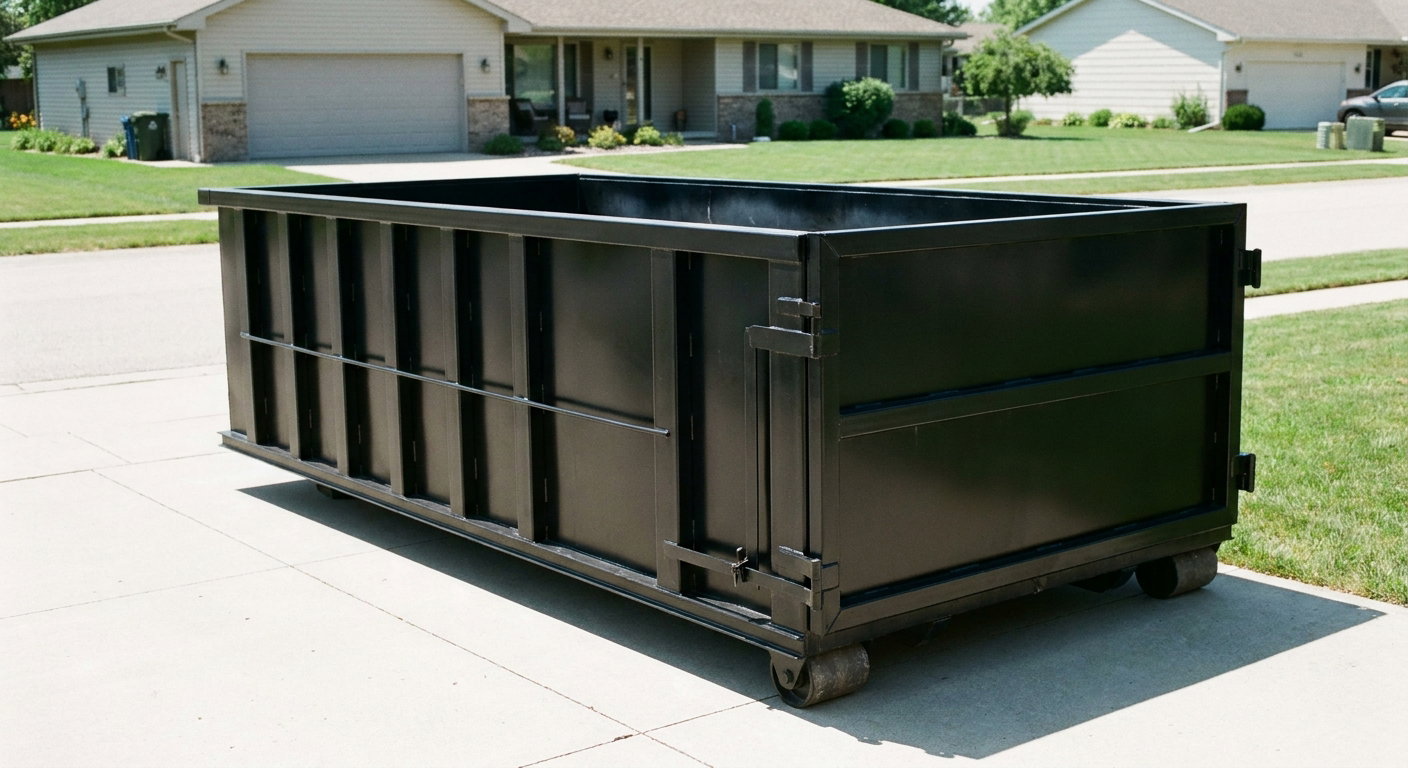 Matte-black 10-yard roll-off dumpster on a residential concrete driveway in Brockton, uniformly painted matte black across every panel and rail, ribbed steel sidewalls and rear swing door visible, mid-day daylight.