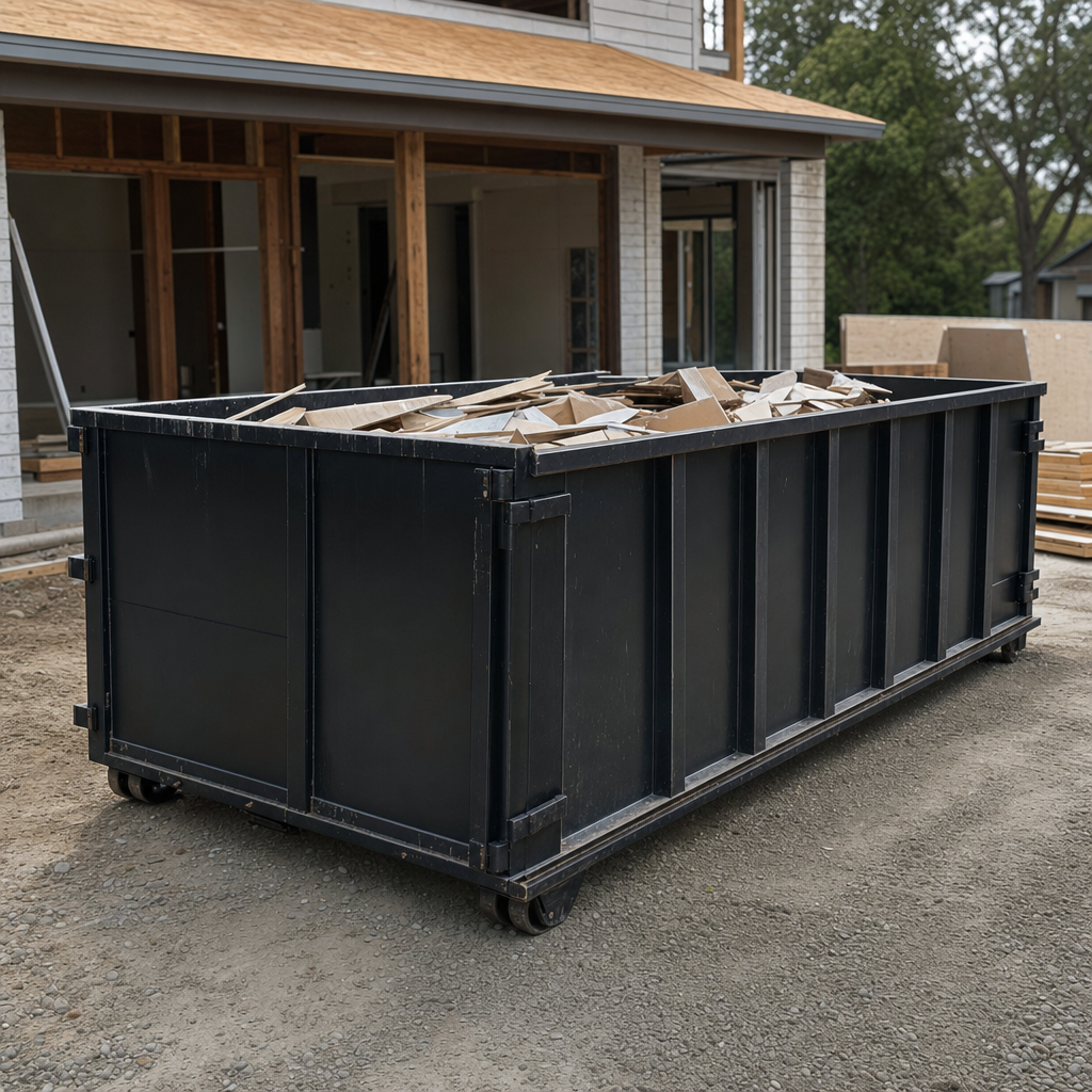 Large matte-black 30-yard construction roll-off dumpster at an active Brockton jobsite, steel-gray top rails and bottom rollers visible, loaded with construction debris.