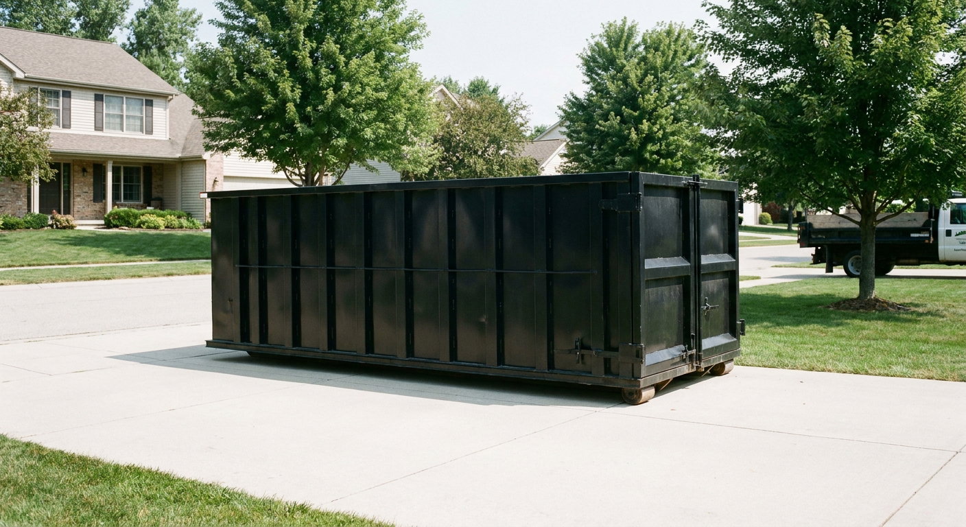 Matte-black 20-yard roll-off dumpster sitting level on a clean Brockton residential concrete driveway under bright daylight, demonstrating clean placement directly on the concrete.