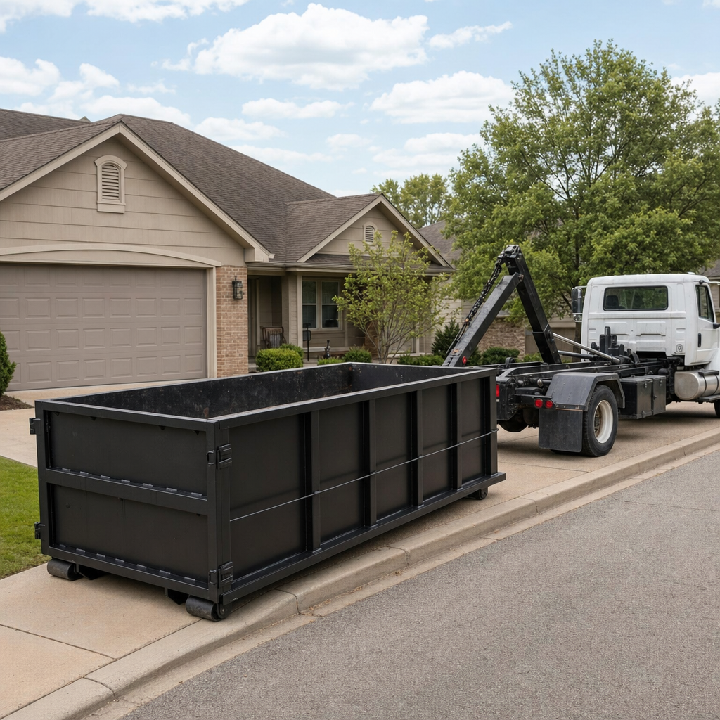 Wide documentary shot of a matte-black roll-off dumpster on a Brockton residential driveway in the foreground and a contractor jobsite container in the soft-focus background, bright daylight, calm and orderly composition.