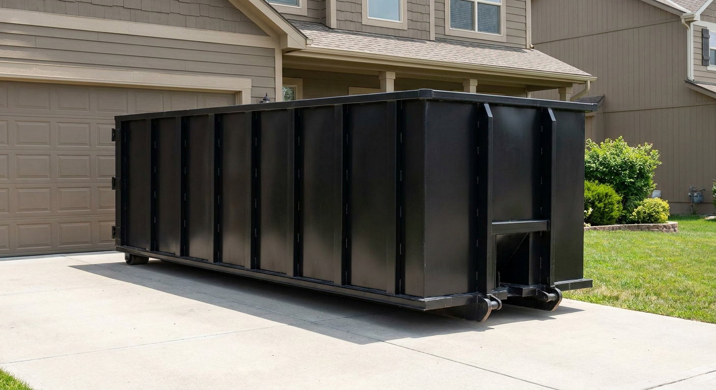 Matte-black residential roll-off dumpster sitting directly on a suburban Brockton concrete driveway, garage door closed, single-family home in background, bright morning daylight.