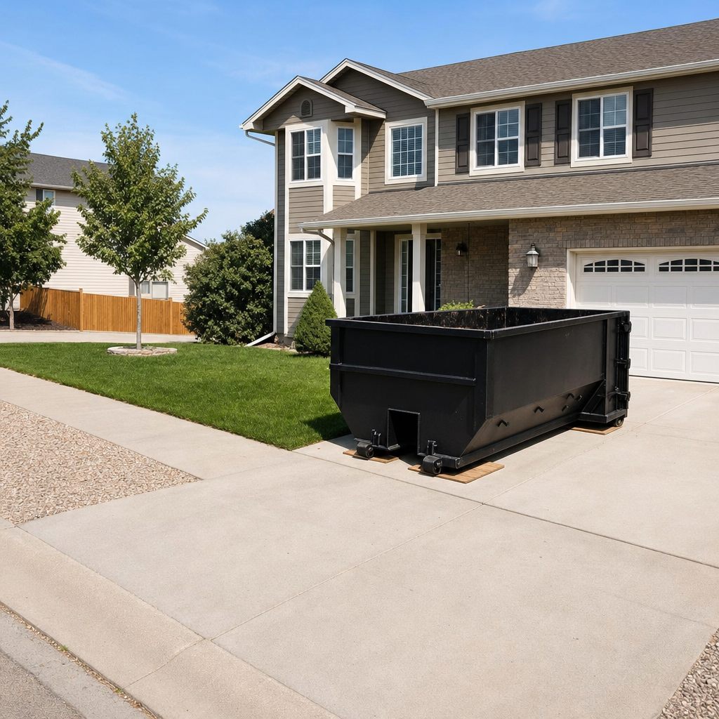 10-yard matte-black residential dumpster placed directly on a narrow Brockton concrete driveway, room remains for a parked sedan beside it, mid-morning natural light