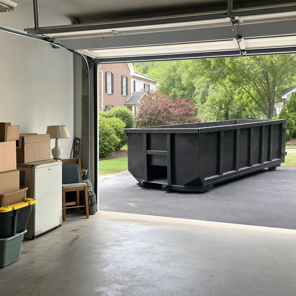 Open garage interior in a Brockton home mid-cleanout — boxed items, an old appliance, and stacked yard tools queued near the driveway for a matte-black roll-off dumpster, organized and calm