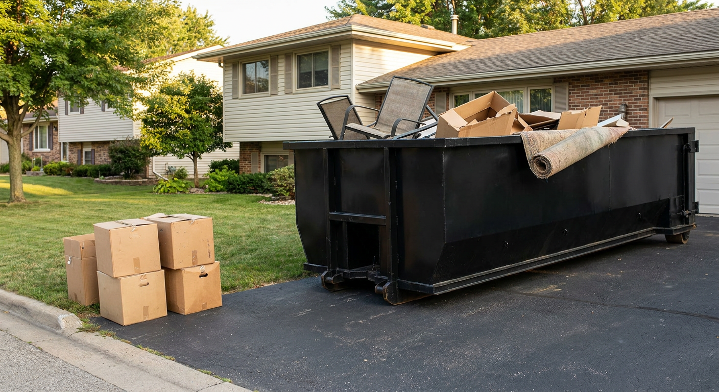 Front-yard view of a Brockton split-level home with a 20-yard matte-black roll-off dumpster sitting directly on the asphalt driveway, a few clearly labeled donation boxes staged at the curb, calm sunny afternoon.