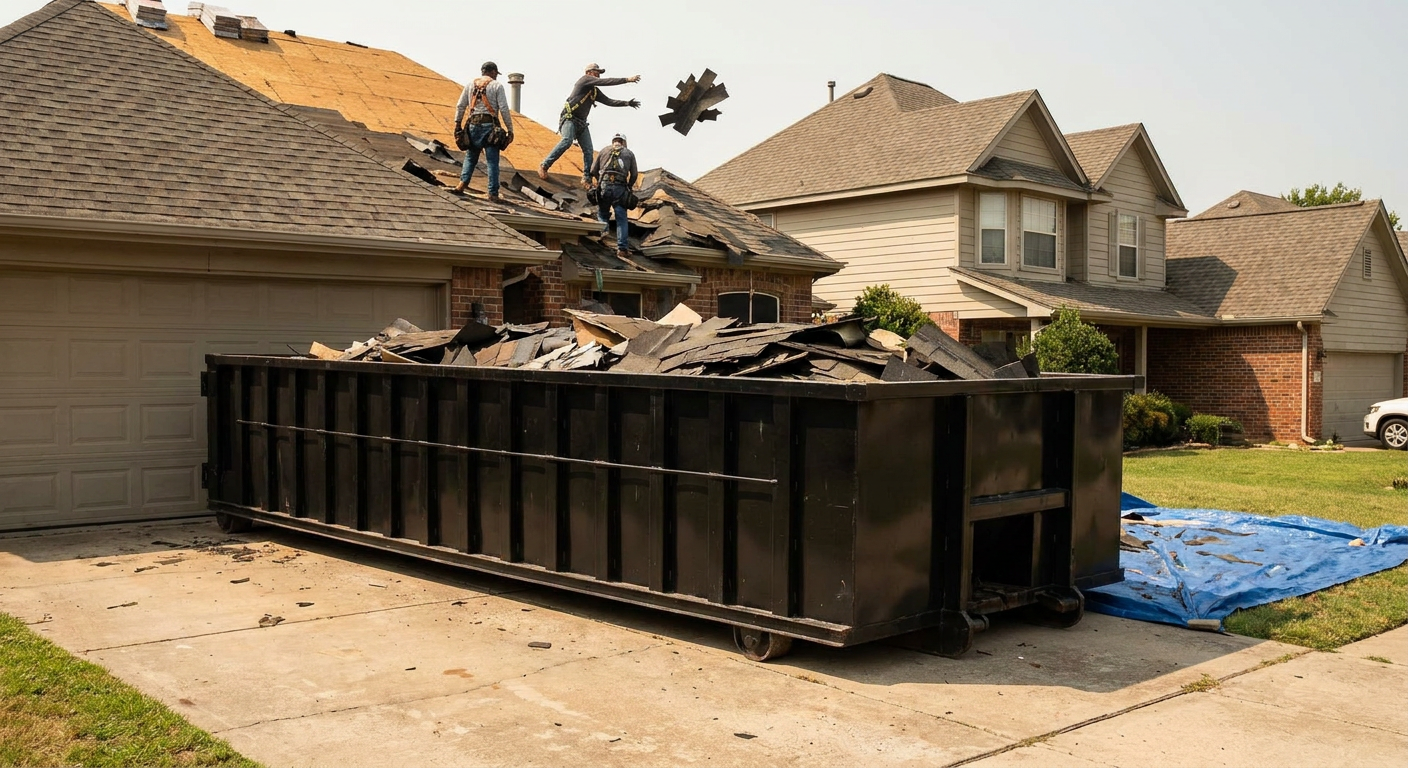 Matte-black roofing roll-off dumpster placed directly on a Brockton residential concrete driveway, a tear-off crew on a two-story asphalt-shingle roof tossing shingle bundles into the low-walled container, bright daylight, documentary 35mm perspective.