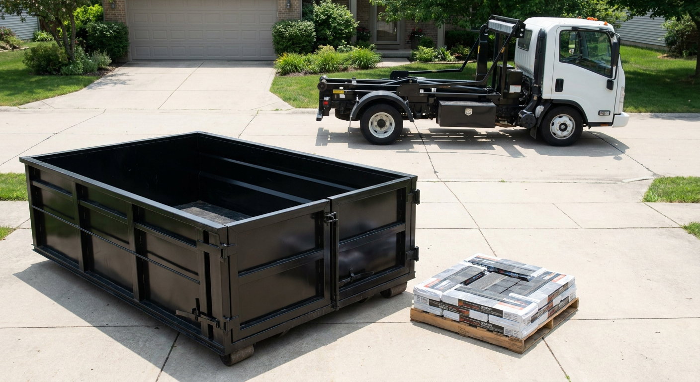Matte-black 15-yard roofing roll-off dumpster with reinforced low side walls sitting directly on a Brockton residential concrete driveway, three-tab asphalt shingle bundles stacked nearby, an unmarked white hauler truck partially visible at the edge of the frame.