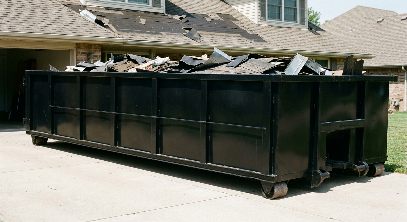 Matte-black 20-yard roofing roll-off dumpster with steel ribbed sides and swinging rear door, sitting directly on the concrete driveway of a two-story Brockton home, asphalt shingle debris being loaded over the low wall, clean documentary lighting.