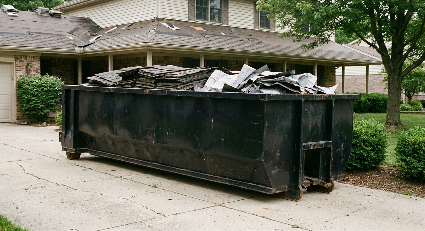Matte-black 30-yard roofing roll-off dumpster sitting directly on a Brockton concrete driveway, taller ribbed steel side panels, mixed tear-off debris of asphalt shingles and underlayment inside, professional documentary daylight.