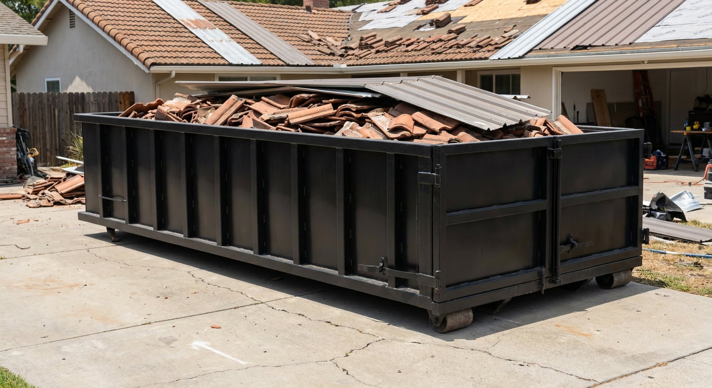 Matte-black low-wall heavy-debris roofing roll-off dumpster sitting directly on a Brockton concrete driveway, broken concrete clay roof tiles and metal panel sections loaded inside, reinforced ribbed steel side walls visible, bright outdoor daylight.