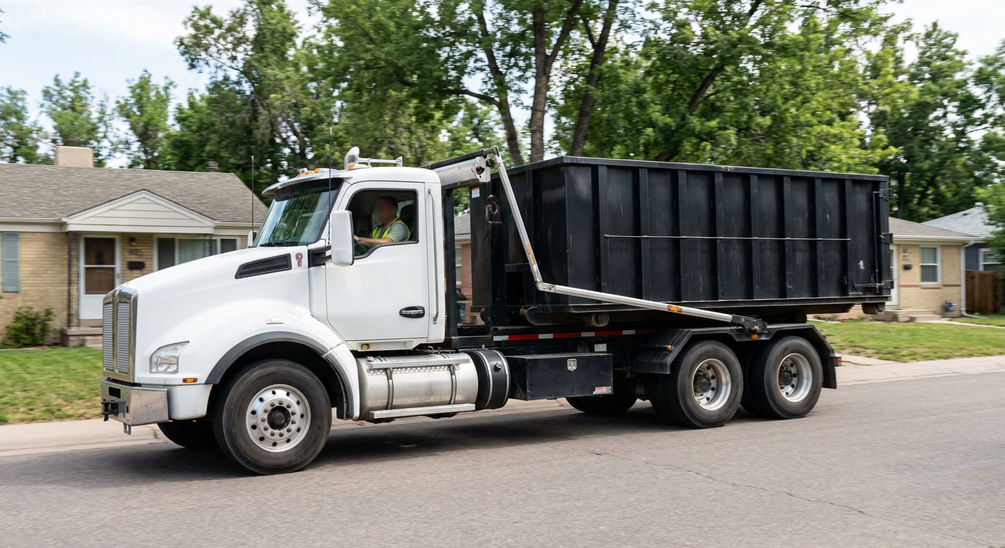 A wide documentary shot of a matte-black roll-off delivery truck pulling onto a quiet Brockton residential street at mid-morning, with neighborhood rooftops and tree-lined blocks visible behind, showing the metro coverage footprint.