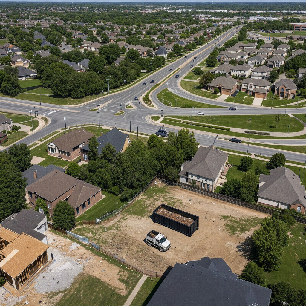 An overhead documentary view of the Brockton metro area at midday, showing the spread of neighborhoods, arterial roads, and the dispatch radius from a central yard — clean daylight, organized geographic layout.