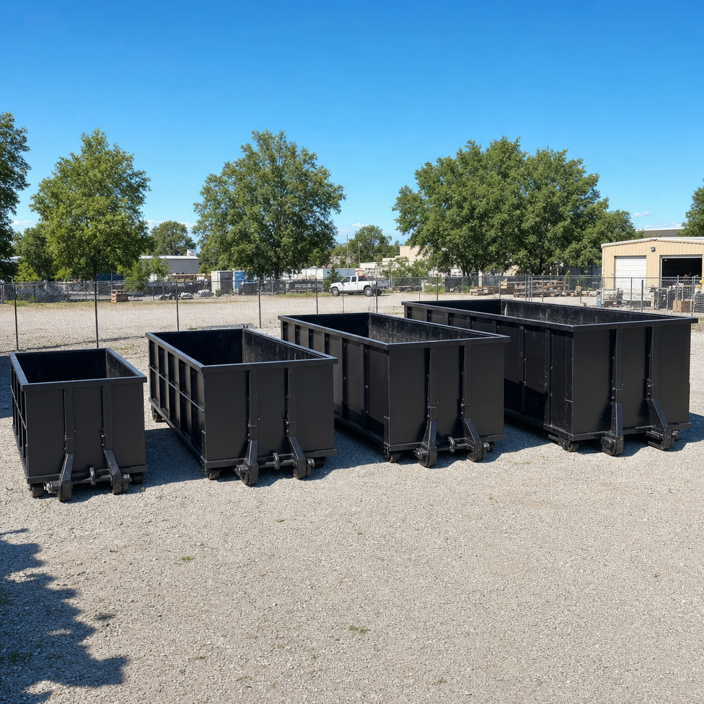A clean lineup of matte-black roll-off dumpsters in 10, 20, 30, and 40-yard sizes staged on a sunlit gravel yard in Brockton, showing the size progression from compact to commercial-scale containers.