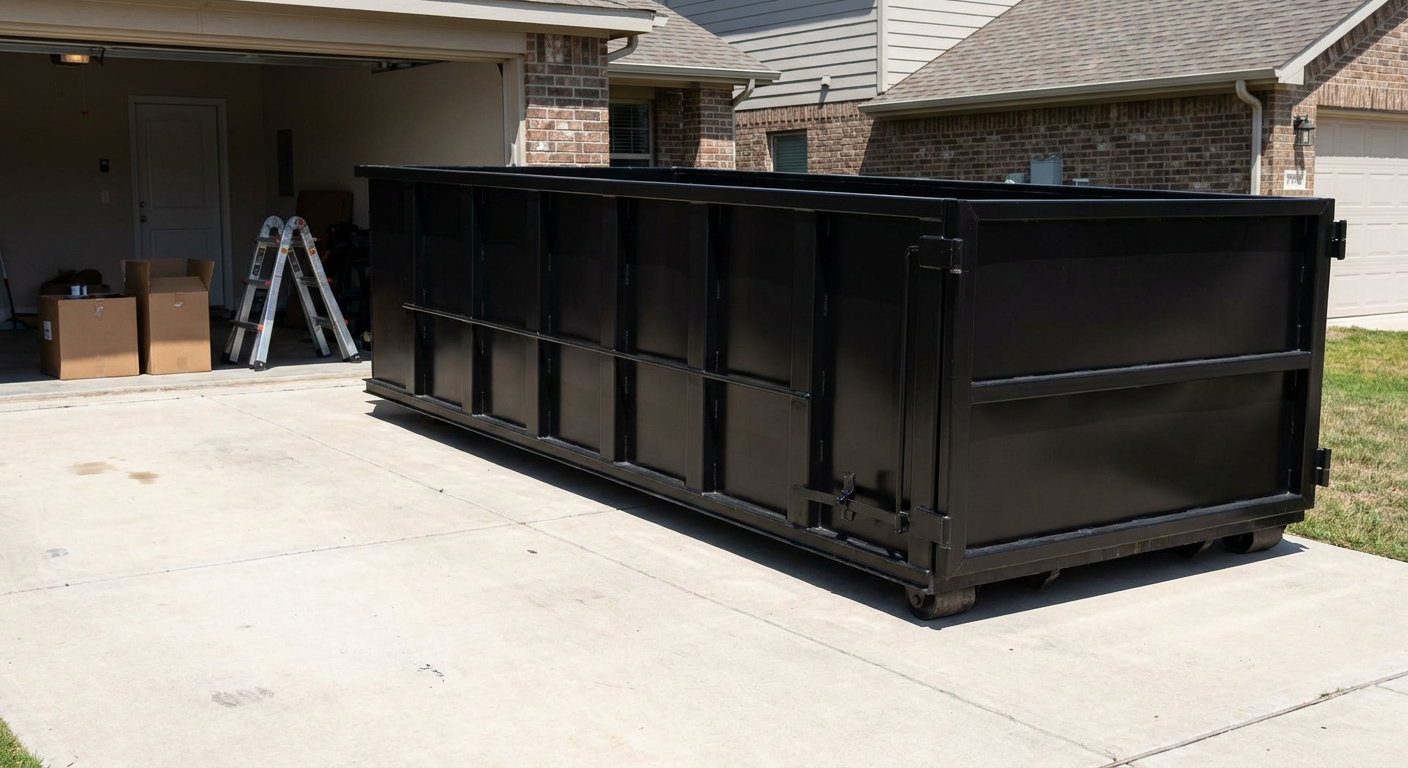 A matte-black 10-yard roll-off dumpster sitting directly on a residential Brockton concrete driveway, mid-day sunlight, clean and ready for a garage cleanout.