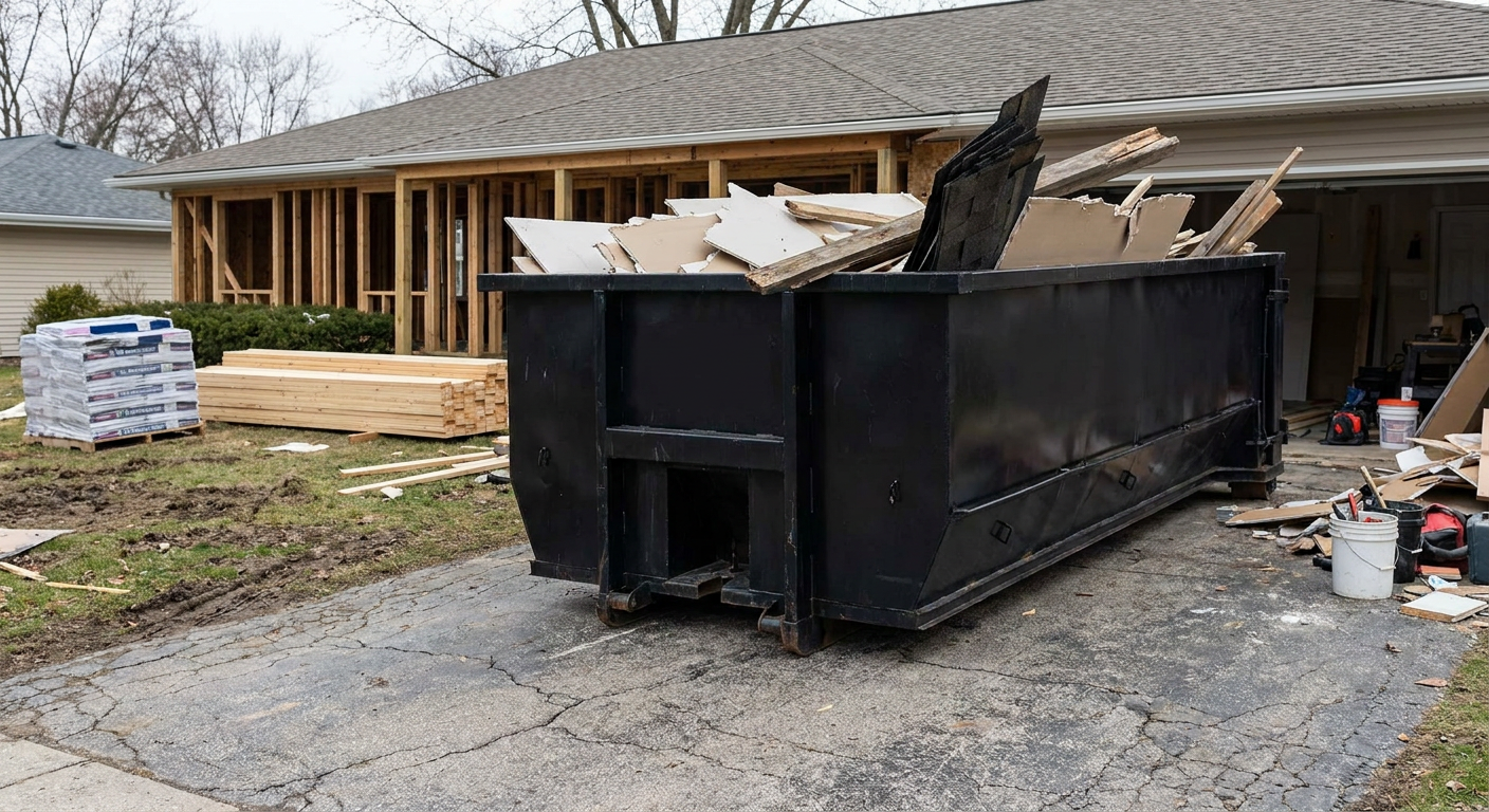 A matte-black 20-yard roll-off dumpster placed alongside a mid-renovation Brockton home directly on the asphalt driveway, with framing materials and torn-off shingles staged neatly nearby.