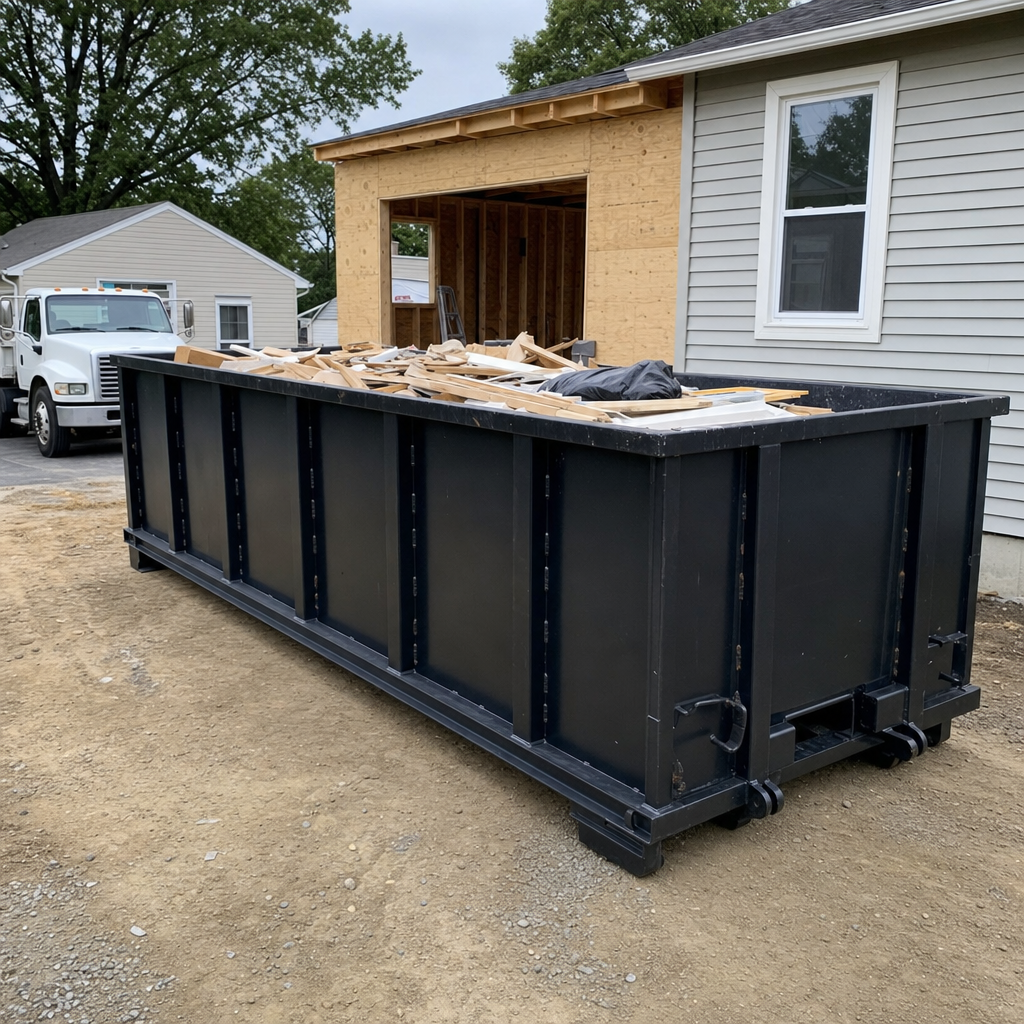 A matte-black 30-yard roll-off dumpster positioned at a Brockton residential addition jobsite, with framing lumber and drywall scraps loaded through the open swinging rear doors.