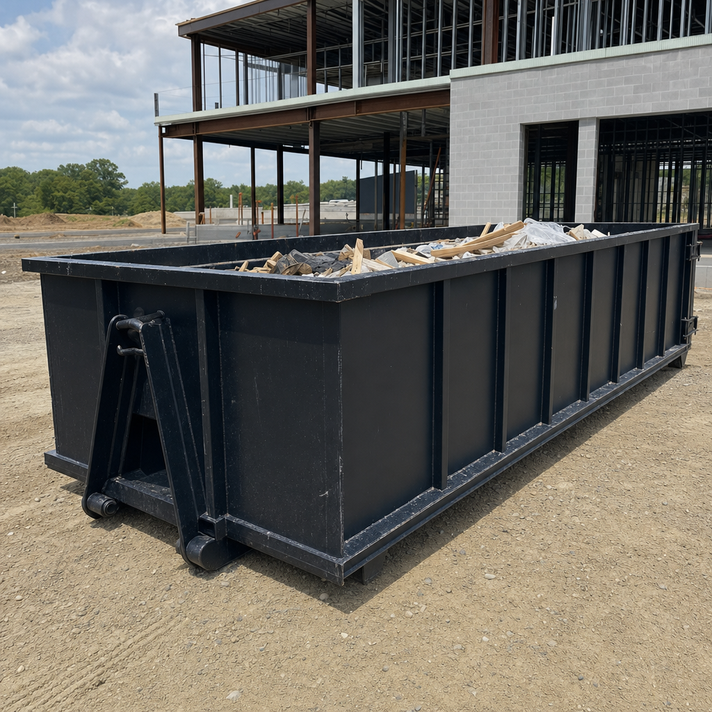 A matte-black 40-yard roll-off dumpster staged on a large Brockton commercial construction lot, with a hooklift delivery truck parked alongside under bright midday sky.