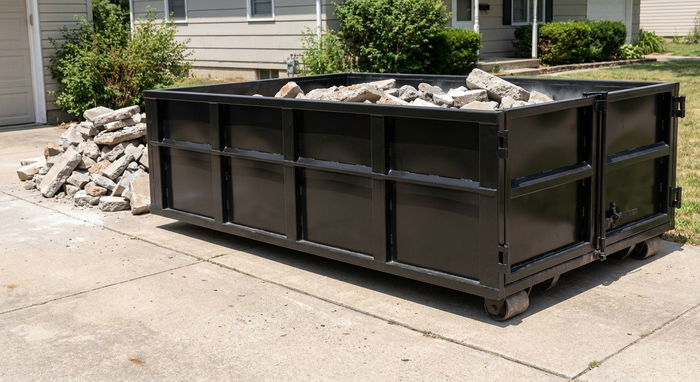 A matte-black low-side heavy-debris roll-off dumpster placed directly on a Brockton concrete driveway, with broken concrete chunks neatly stacked beside it under clean daylight.